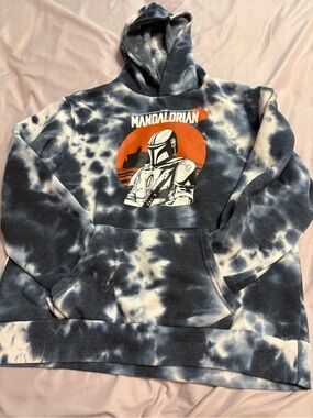 Star Wars Mandalorian Tie-Dye Crewneck Hoodie - Blue/White with Orange Graphic